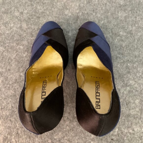 Bruno Frisoni Paris Women’s Blue and Black Satin Heel Leather Sole Pump Shoes - Picture 8 of 11